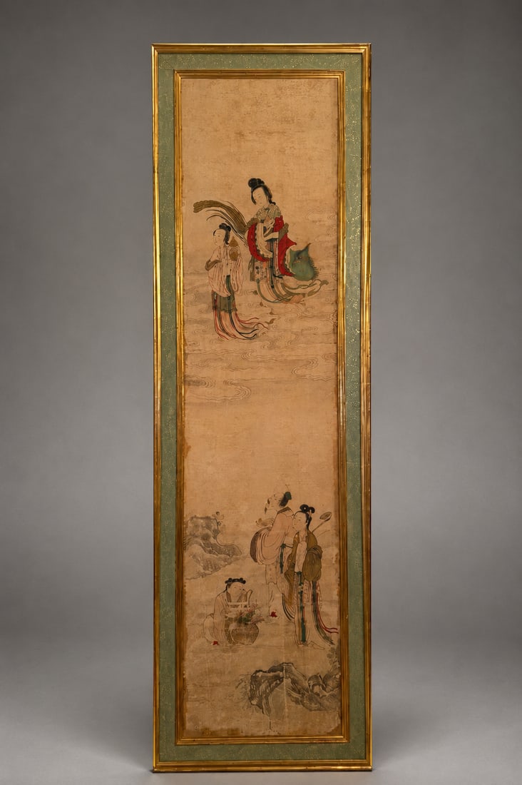Late Qing Dynasty Chinese Silk Painting with Figural Scene: A Chinese silk painting dating to the late Qing Dynasty, depicting elegant female figures and attendants within a traditional landscape and cloud setting. Executed in ink and color on silk and present