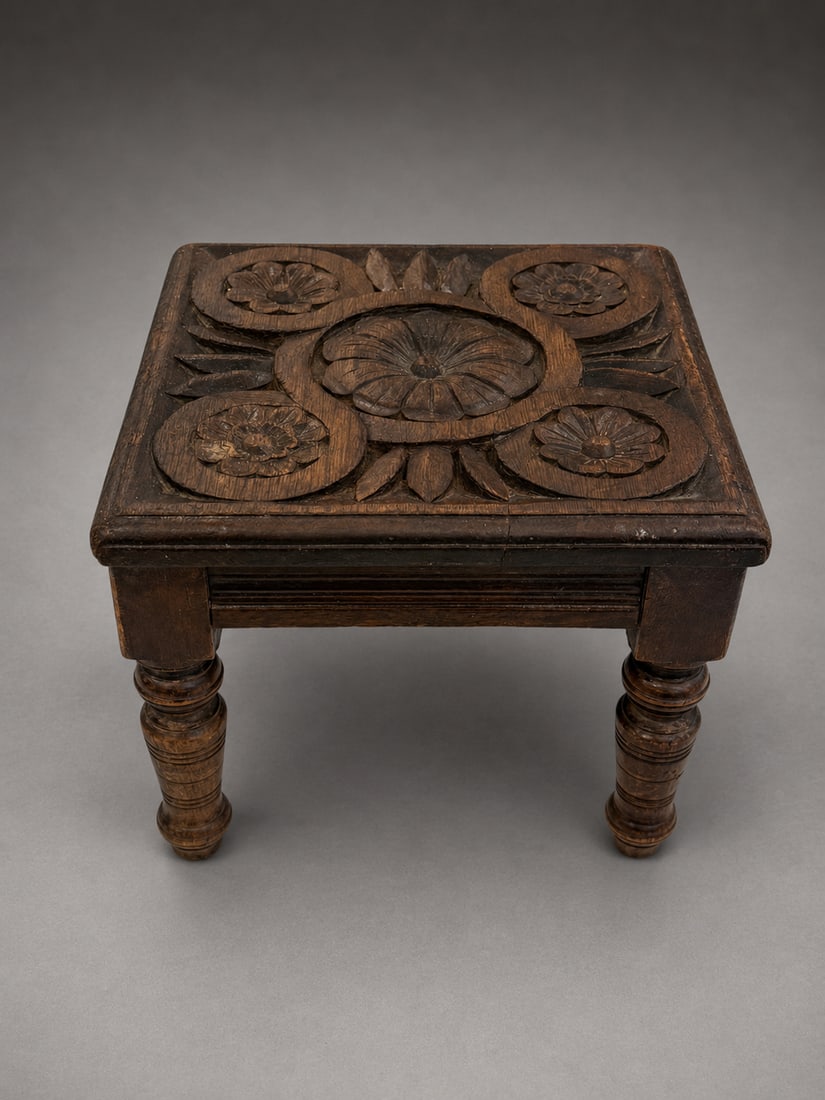 Antique Carved Wood Floral Footstool (1 of 1)