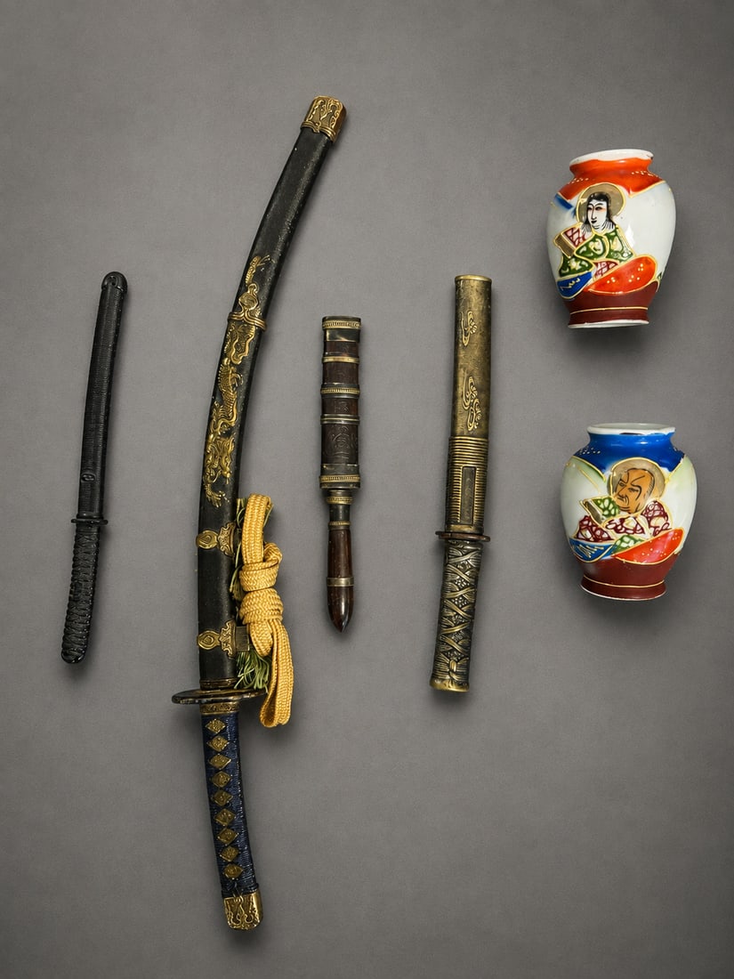Group of Miniature Japanese Style Sword Letter Openers and Porcelain Vases: A mixed group of miniature Japanese-style sword-form letter openers and decorative objects, including several small sword and dagger-form pieces with decorative metal fittings and scabbards, together 
