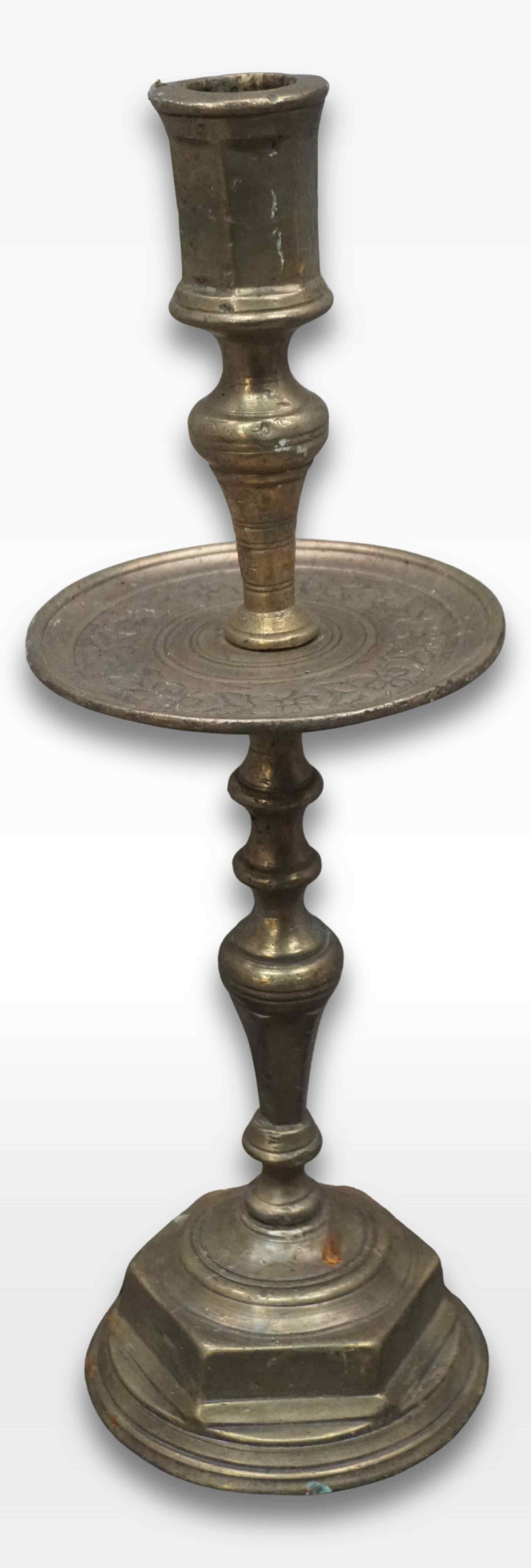 Bronze disc candlestick. 17th century H37: Bronze disc candlestick. 17th century H37