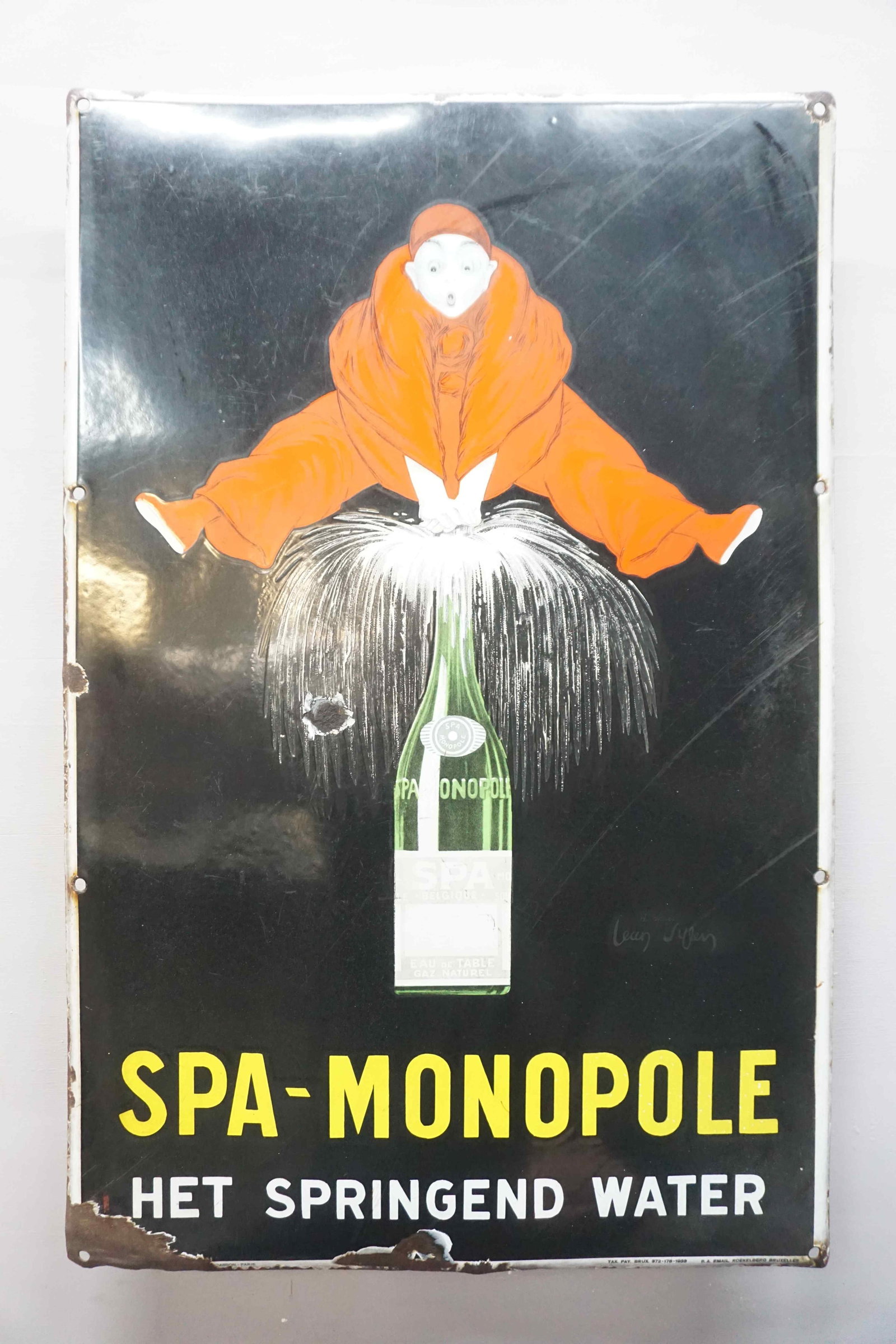 Enamel Sign: Enamel Sign Brand: Spa-Monopole Het springend water Tax: TAX. PAY. BRUX. 372-178-1933 Enamel Factory: S.A. EMAIL KOEKELBERG BRUXELLES Dimensions: H100x65