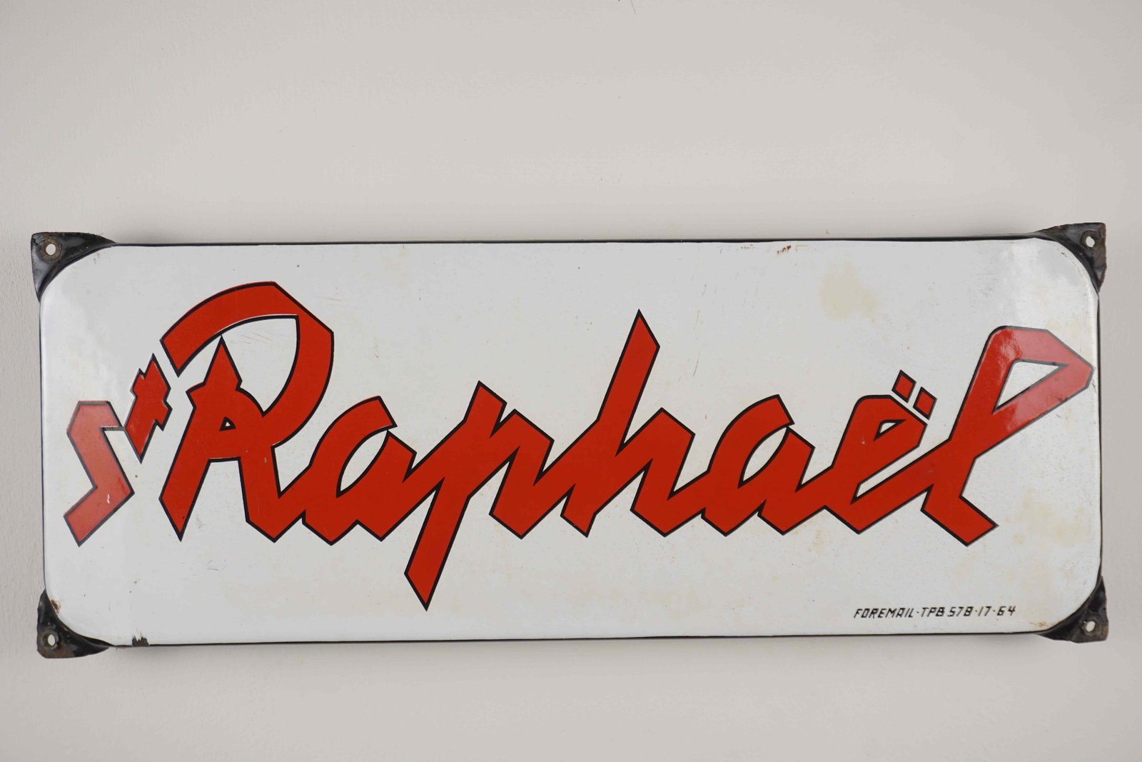 Enamel Sign: Enamel Sign Brand: St Raphaël Tax: TPB 57B.17.64 Enamel Factory: FOREMAIL Dimensions: H18x48
