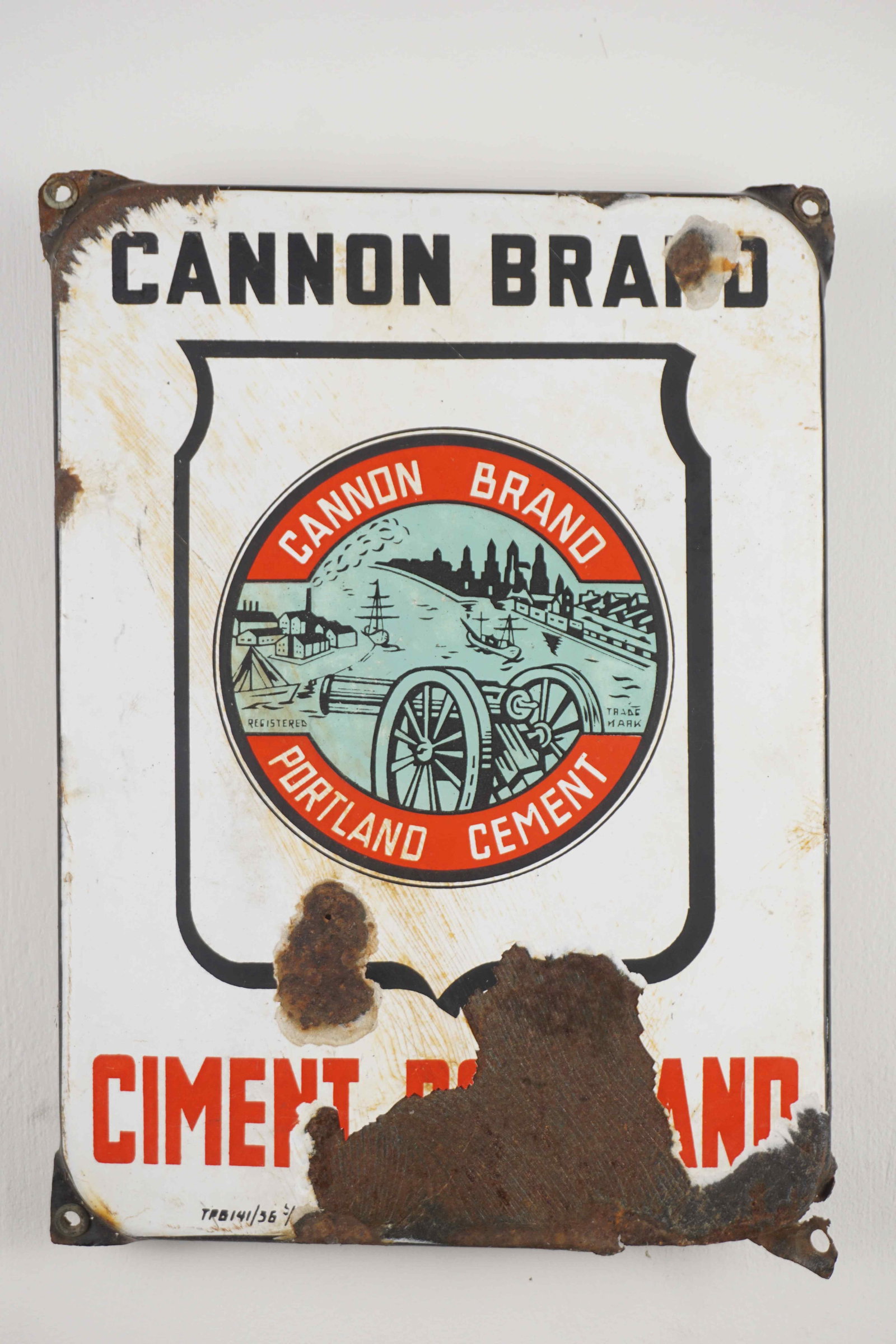 Enamel Sign: Enamel Sign Brand: Cannon brand portland cement Tax: TPB 141/36/?? Enamel Factory: - Dimensions: H30x22
