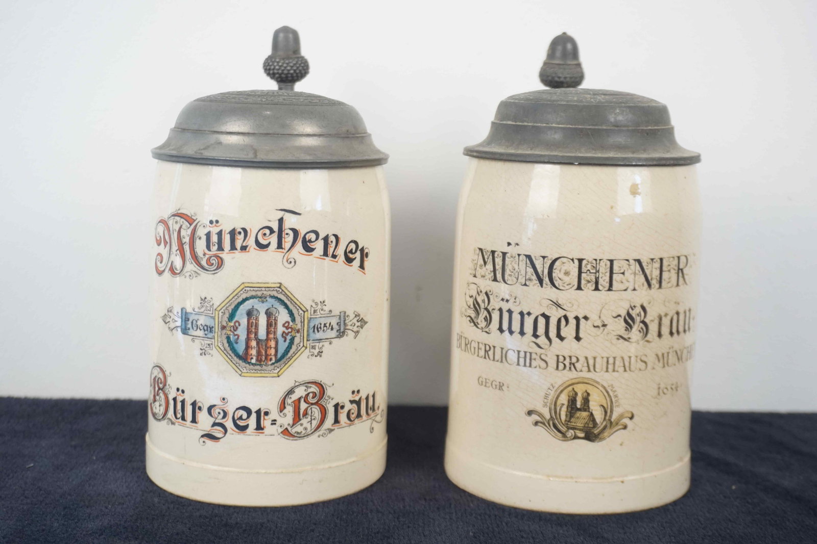 Pair of Munich beer mugs in stoneware with pewter lids (1 of 6)