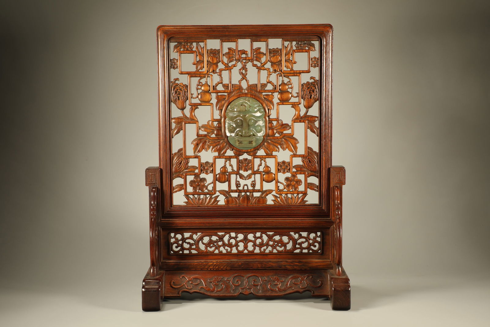 Qing Dynasty Huanghua Pear Translucent Carving, Fortune, Fortune, Longevity, Embedded Jade Screen: Height: 46cm, Width: 33cm,