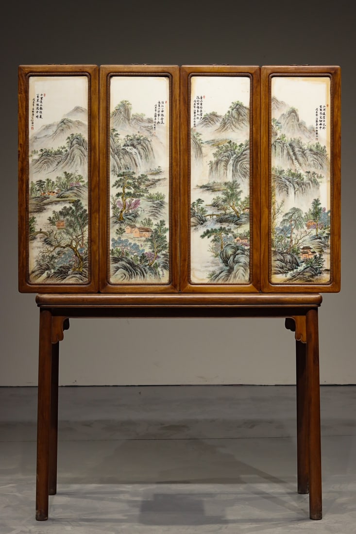 Four hanging screens with pink porcelain plates embedded in Huanghua pear during the Qing Dynasty (1 of 11)
