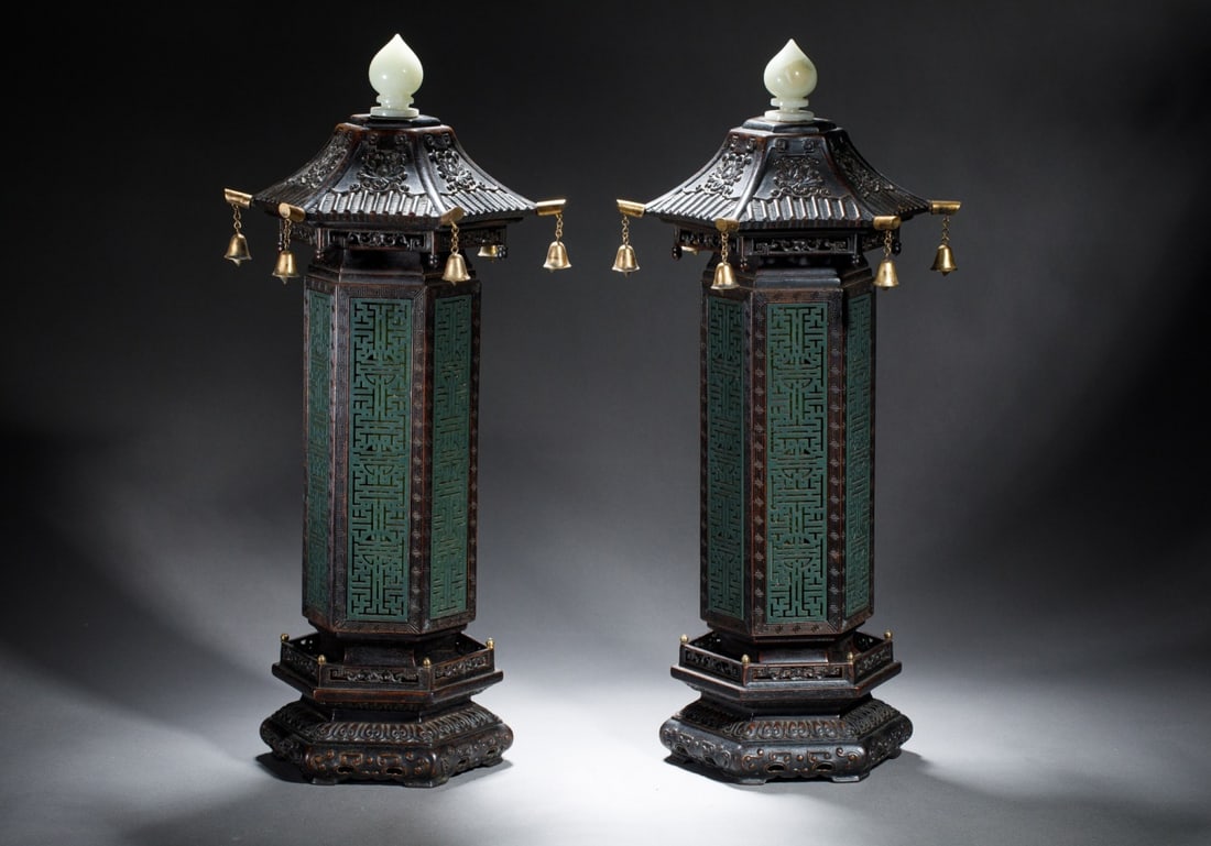 Qing Dynasty Purple Sandalwood Inlaid Jade Aromatherapy Pair: Height: 20.8cm, Width: 44cm,