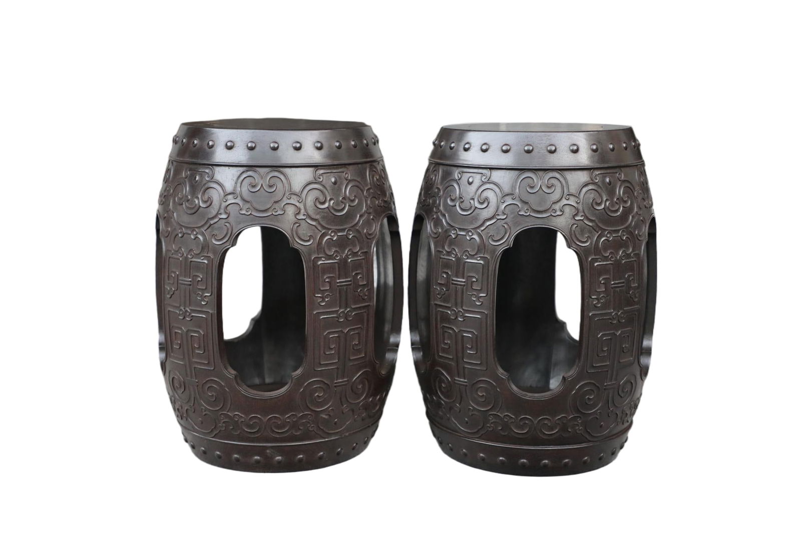 Qing Dynasty Purple Sandalwood Carving Ruyi Pattern Drum Piers Paired: Height: 52cm, Width: 37cm,