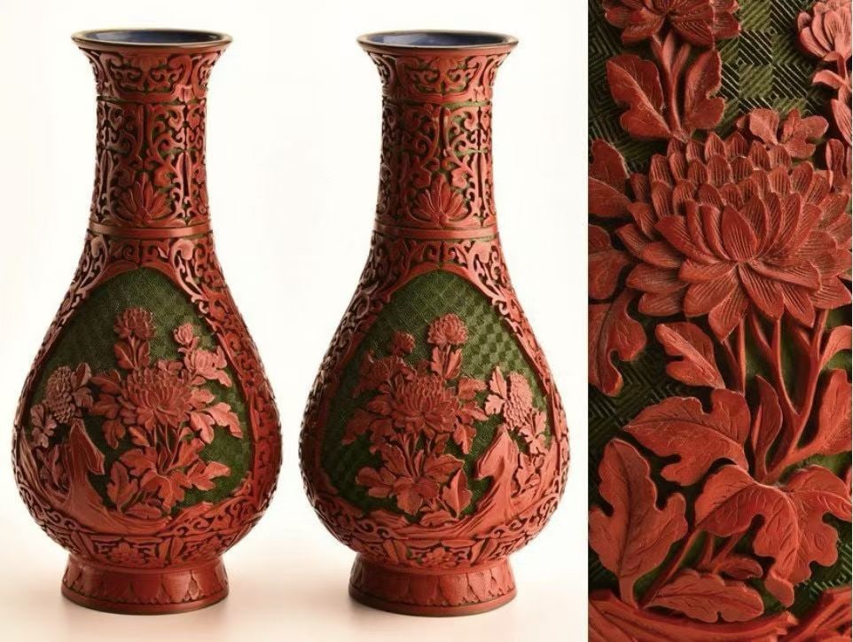 A pair of red floral patterned bottles for returning old collections (1 of 9)