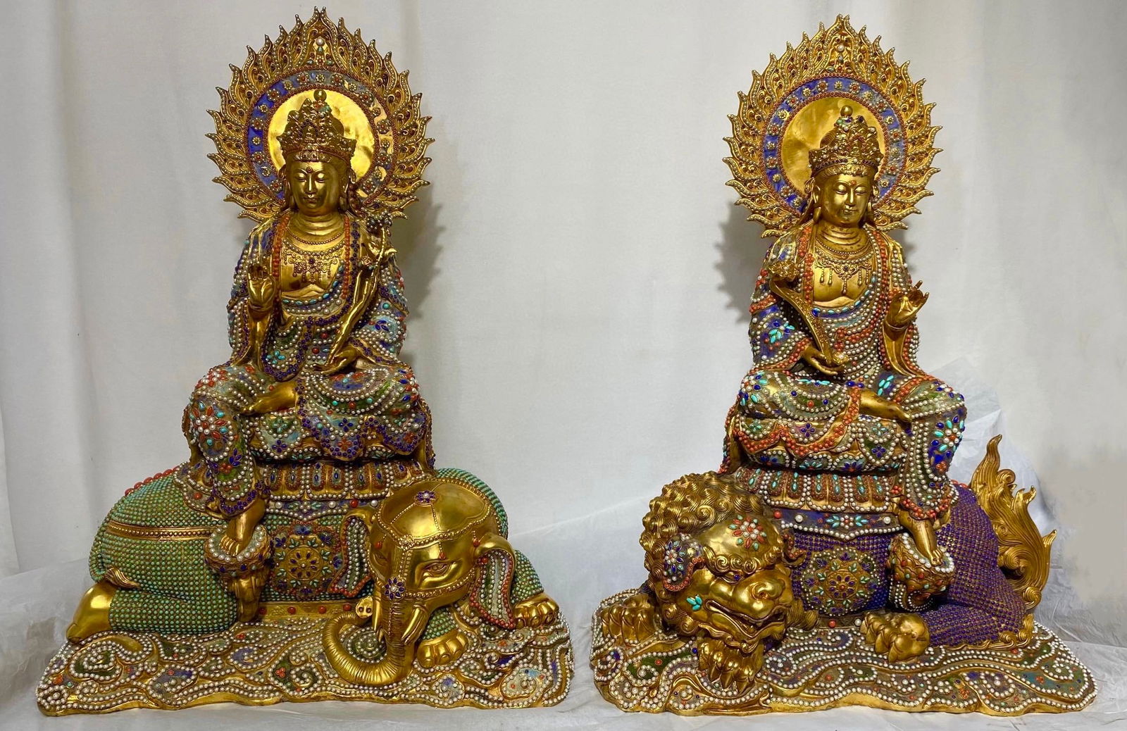 Qing Dynasty Copper Gilded with Gemstones, Manjusri Bodhisattva, Samantabhadra Bodhisattva: Height: 85cm, Width: 60cm,