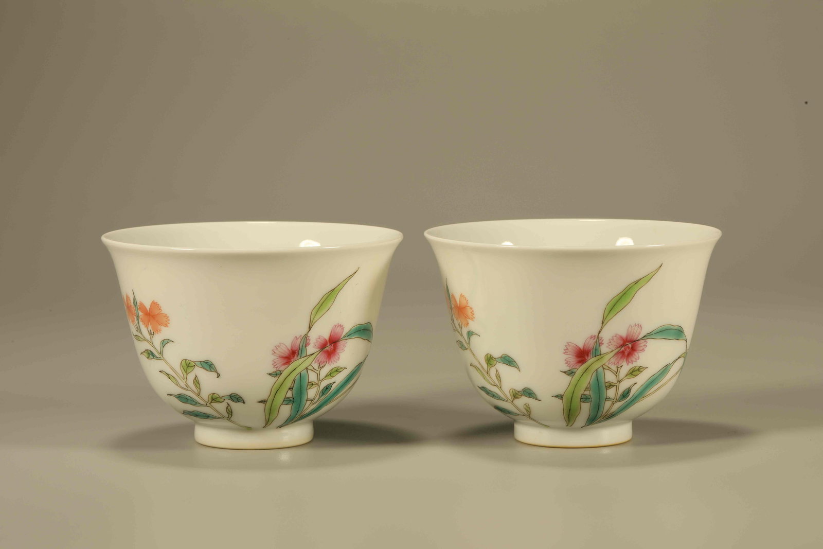 Qing Dynasty Pink Flower Cup Pair: Height: 5.5cm, Width: 7.5cm,