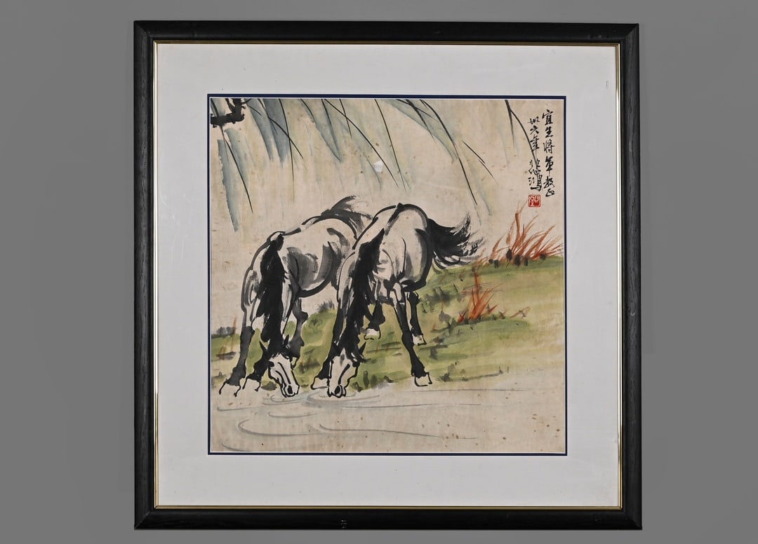 Xu Beihong's Double Horse Drinking Spring Drawing Manuscript Solid Wood Mirror Frame: Height: 50cm, Width: 50cm,