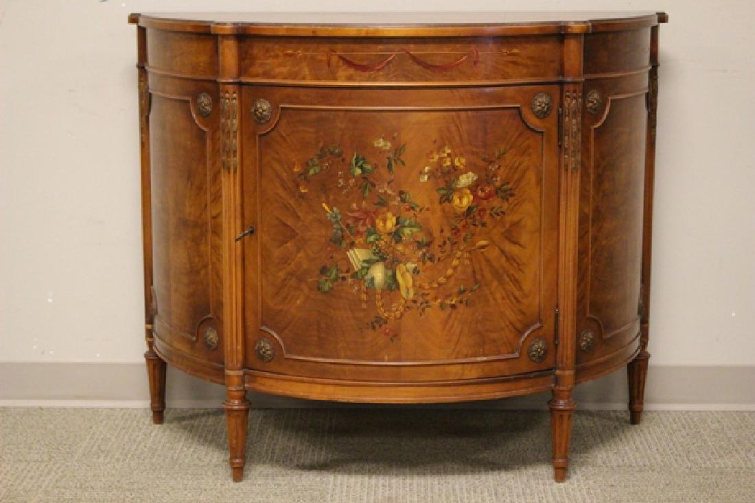 Irwin French Satinwood Demilune Table: Irwin, FRANCE, satinwood demilune hall table, hand painted front facing door, two interior drawers, original key. H. 33" W. 42" D. 19".
