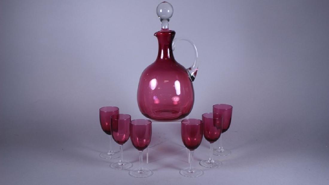 7pc Cranberry Glass Decanter Drink Set (1 of 8)