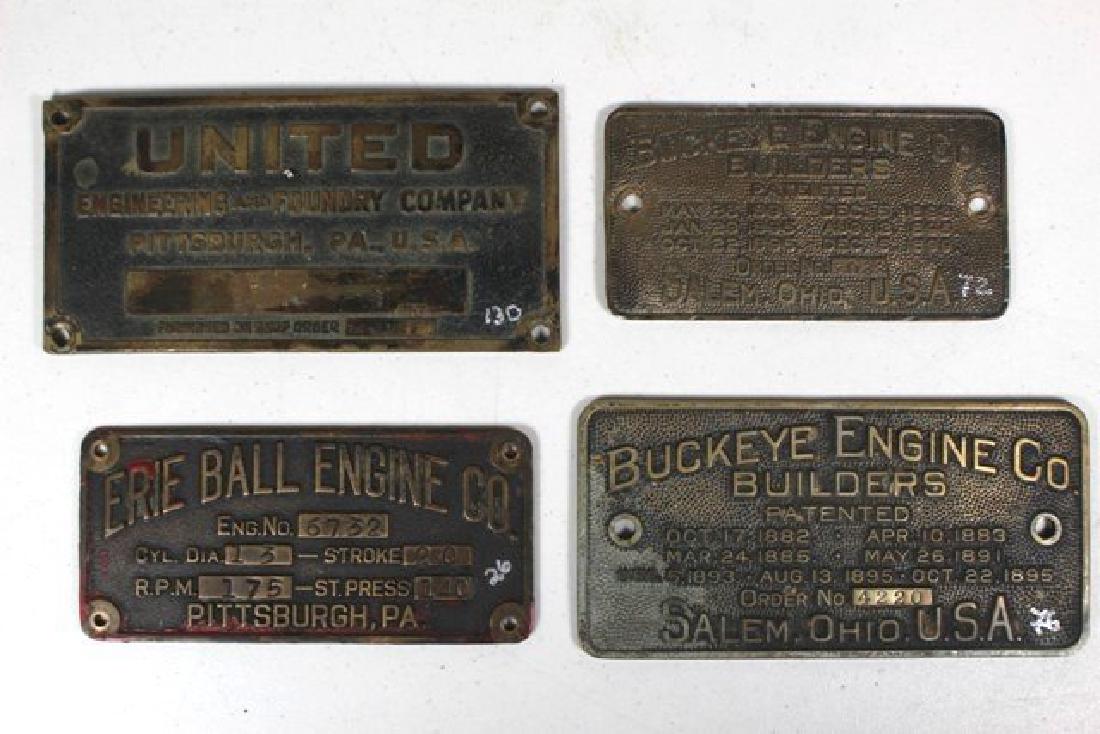 Buckeye, Erie Ball, and United Co. Builder's Plates: Four 20th century builder's plates. Includes: Buckey Engine Co., OH, ca 1900, H 4" x W 8". Buckeye Engine Co., OH, ca 1900, H 3.25" x W 6.25". Erie Ball Engine Co., PA, H 3.25" x W 7". United Engineer