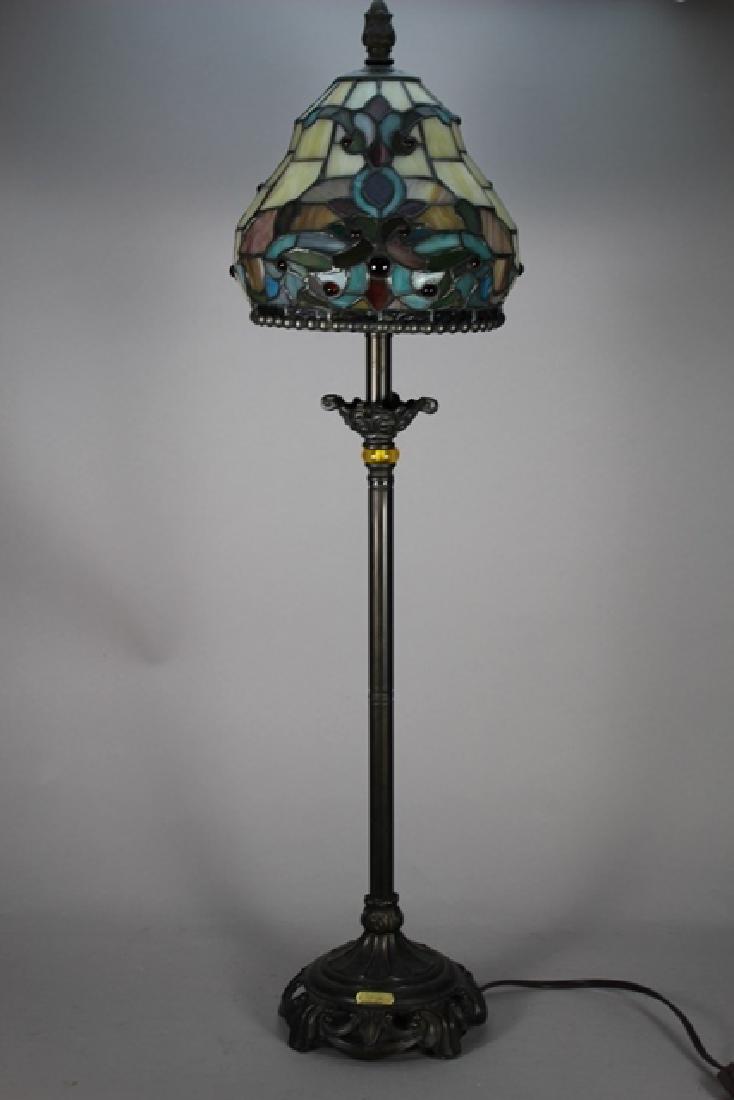 Tiffany Style Stained Glass Leaded Table Lamp: Dale Tiffany Inc. "Antiques Road Show Lamp" Table lamp with bronze patinated 31" Tall. Good condition.