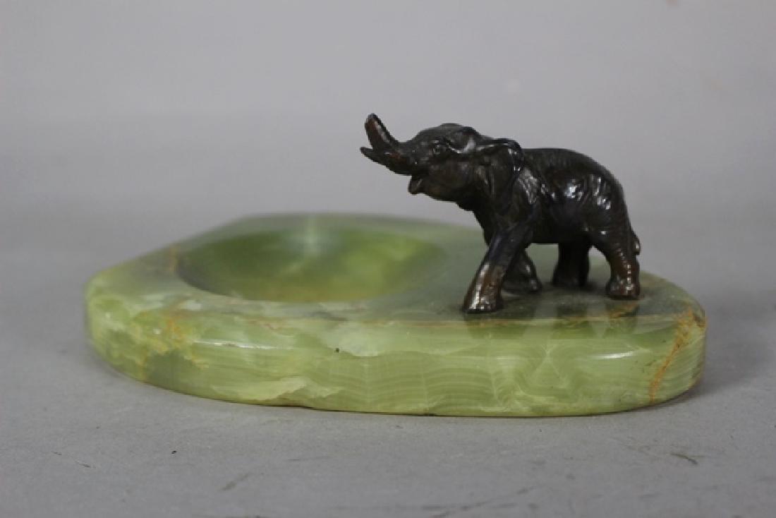 Bronze Elephant Desk Tray: Green Alabaster tray with bronze elephant accent. Approx. 7" wide and in good condition. Early 20th century