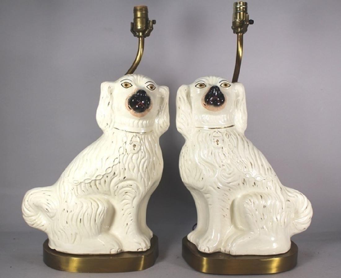 Pair of English Staffordshire Dog Lamps: Actual dog size is 15" tall. Circa 1860 normal use wand wear