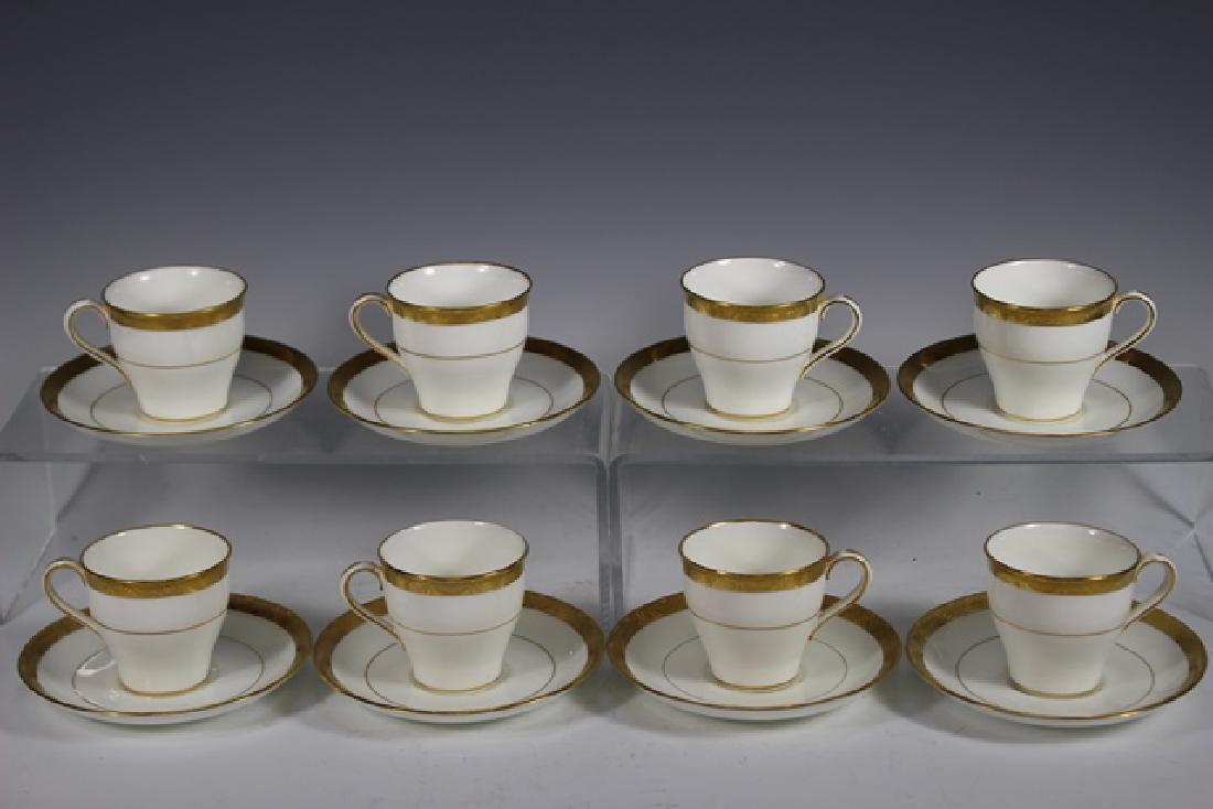 Set of Eight (8) MINTON Demitasse Cups w/ Saucers: Set of Eight (8) MINTON Demitasse Cups with saucers with a gold trim. Condition is good.