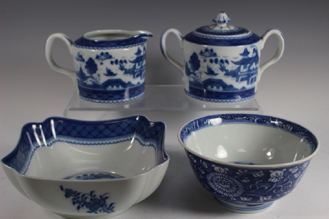 Mottahedeh Blue Canton and Chinese Bowl: Lot includes Mottahedehn blue canton bowl, creamer and covered sugar as well as on early 18th 19th century soup bowl with imperial ink mark as shown. All in good condition.