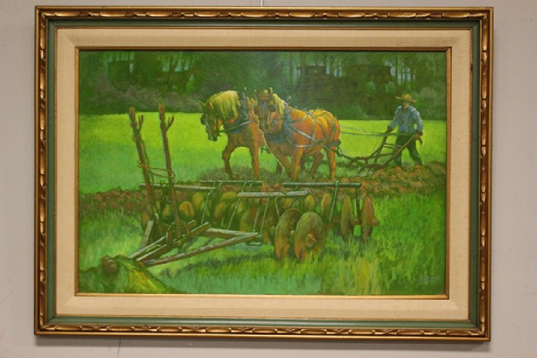 Cleveland Artist John E. Poti Oil on Board of Amish Man: Oil on board depicting Amish man and horses tending to field by Cleveland artist John E. Poti. Approx. 43" wide by 32" tall.