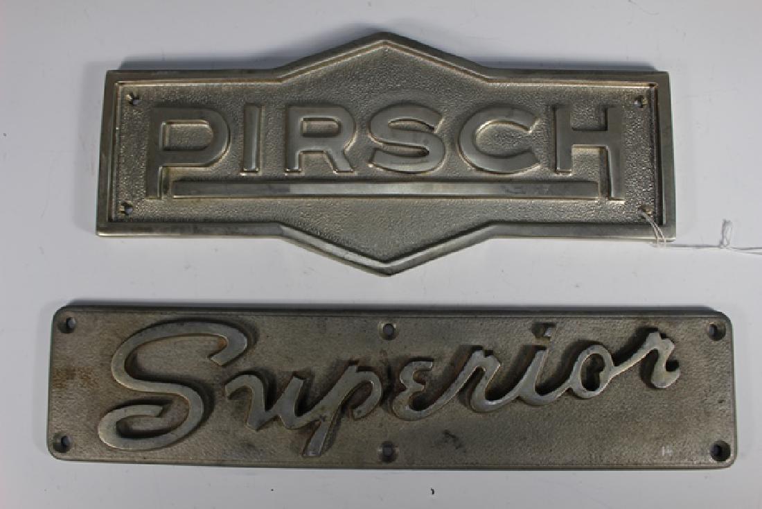 20th Century Pirsch and Superior Builder's Plates: Mid 20th century builder's plates. Pirsch, WI, manufacturer of fire apparatuses, steel builder's plate, H 6.5" x W 15". Superior, likely from Wisconsin as well, builder's plate, cast aluminum, H 4" x 