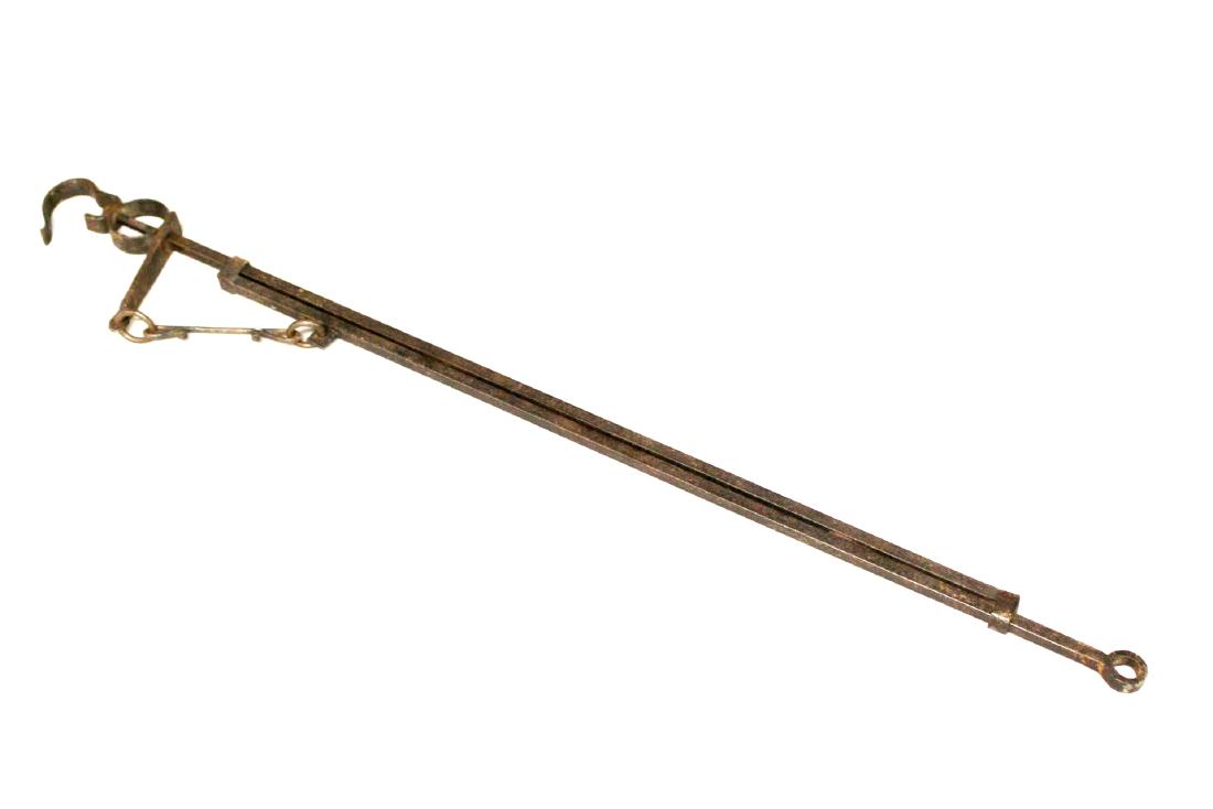 Early Cast Iron Pot Holder Jizaikagi: Adjustable 19th century cast iron pot holder or hook. Jizaikagi hook open flame holder approx. 41" when closed and expanding over 5ft 70" when open as shown, Good condition. See phots.