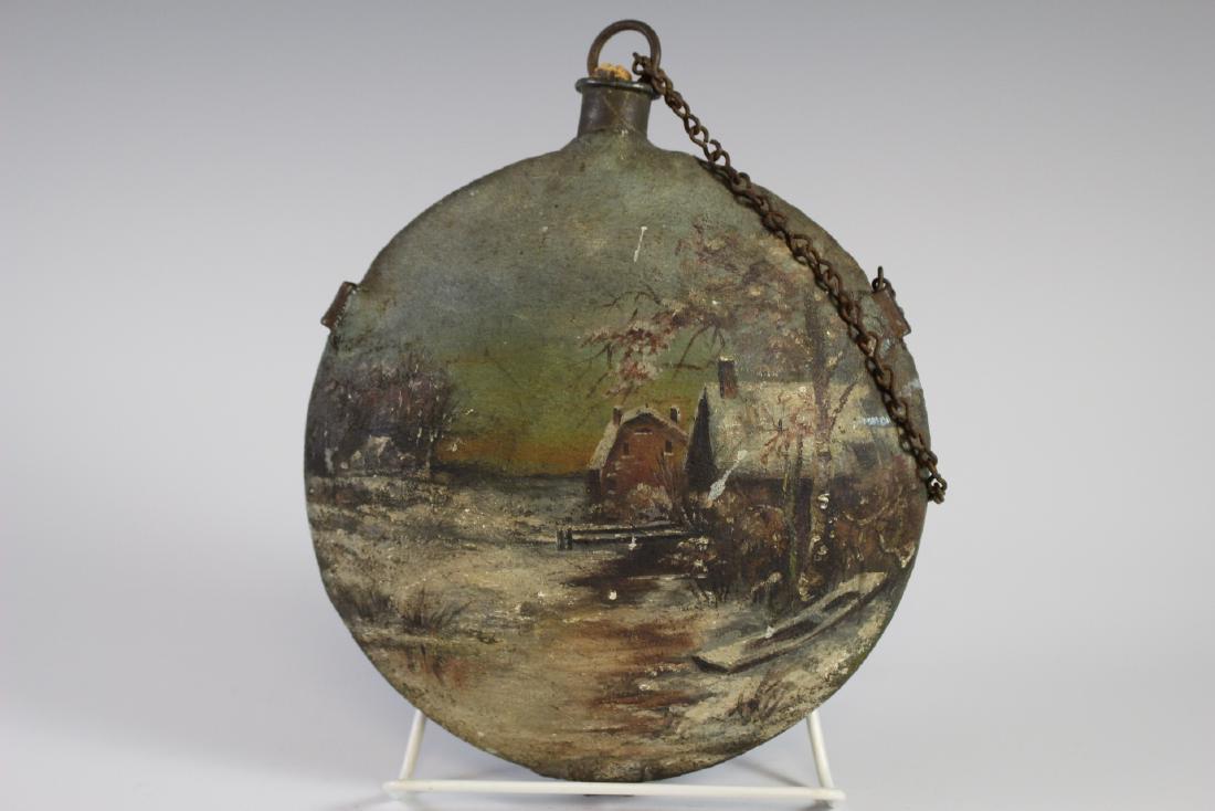 UNUSUAL Civil War Union Folk Art Canteen 1862: Folk Art Tent Scene Civil War Union canteen dated U.S.A. 1862. Both sides had painted and decorated with landscapes as shown. In very good age appropriate condition, note; cork loss, see photos.