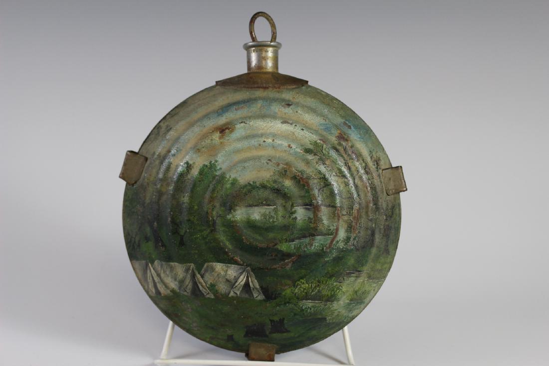 PORTER & BOOTH Bullseye Civil War Painted Canteen: Civil War Union side bullseye hand painted FOLK ART canteen with tents, campsite and landscape on one side and floral decorated on verso. Nice presentation and having makers mark on rim Porter and Boo