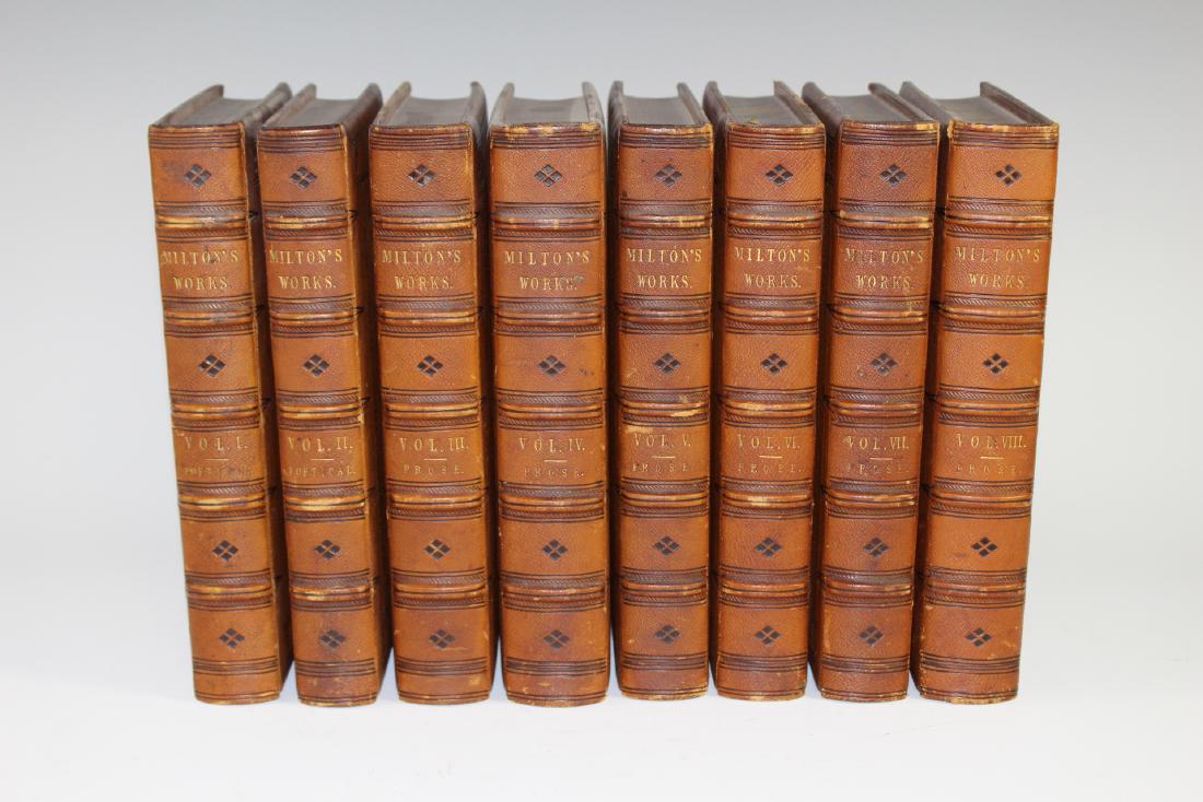 Ca. 1851 The Works of John Milton: Eight volume set of The Works of John Milton inverse and prose. Printed in London by William Pickering 1851. A desirable edition. interior label from the Wadsworth Library of Geneseo N.Y.. Overall on 