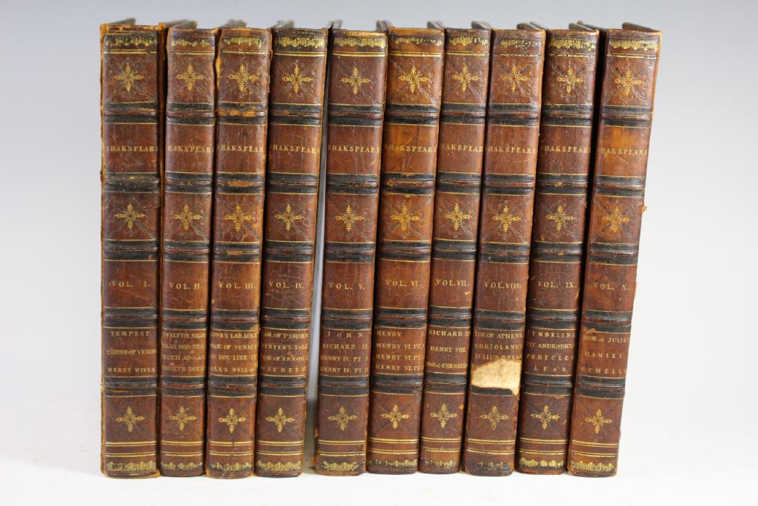 The Plays of William Shakespeare 1805: 10 volumes. Illustrated with 37 engravings after drawings by Fuseli by Neagle, Cromek, Rhodes, Dodley and two by William Blake. 23x14.5 cm (9x5?") mottled calf, original gilt and blind-decorated spine