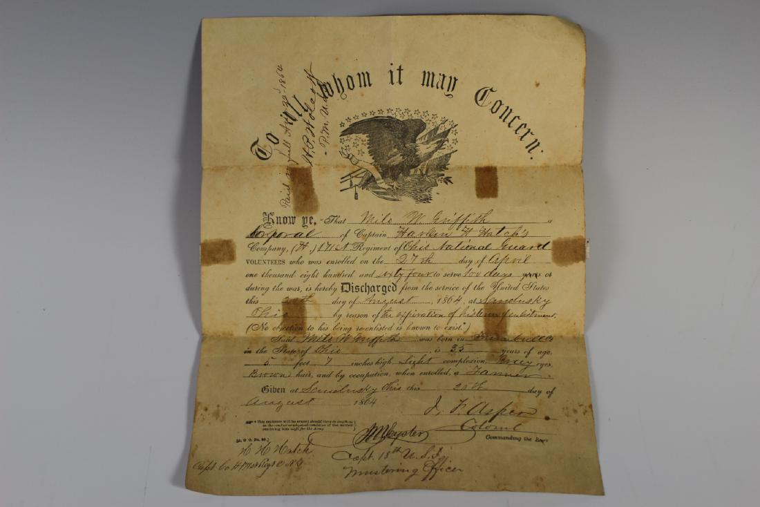 August 1864 CIVIL WAR Discharge Papers: August 20th 1864 Milo W. Griffith from Sandusky Ohio civil war discharge papers. Fait condition as shown. See photos.
