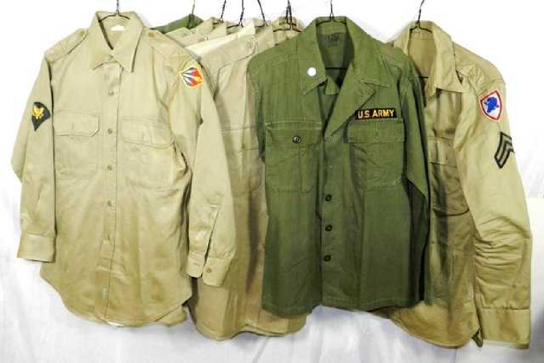 9 US Military Shirts - Korean War Era: Mainly just military shirts with one pair of pants. Army related to the Korean War. Fair to good condition ( some minor stains as shown in photos) from Cleveland area estate/soldier.