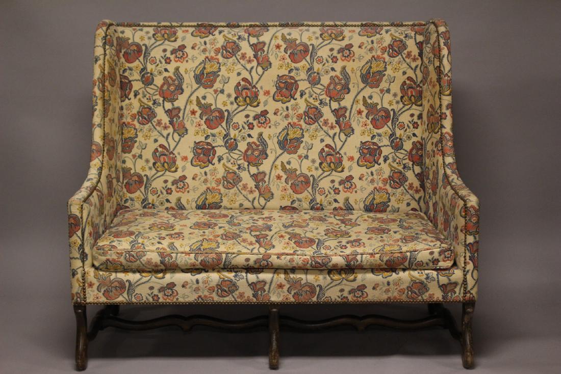 Upholstered Saddle Bench Settee: Fine quality 20th reproduction bench. Approx. 46.5"t 55"w by 27.5"d.