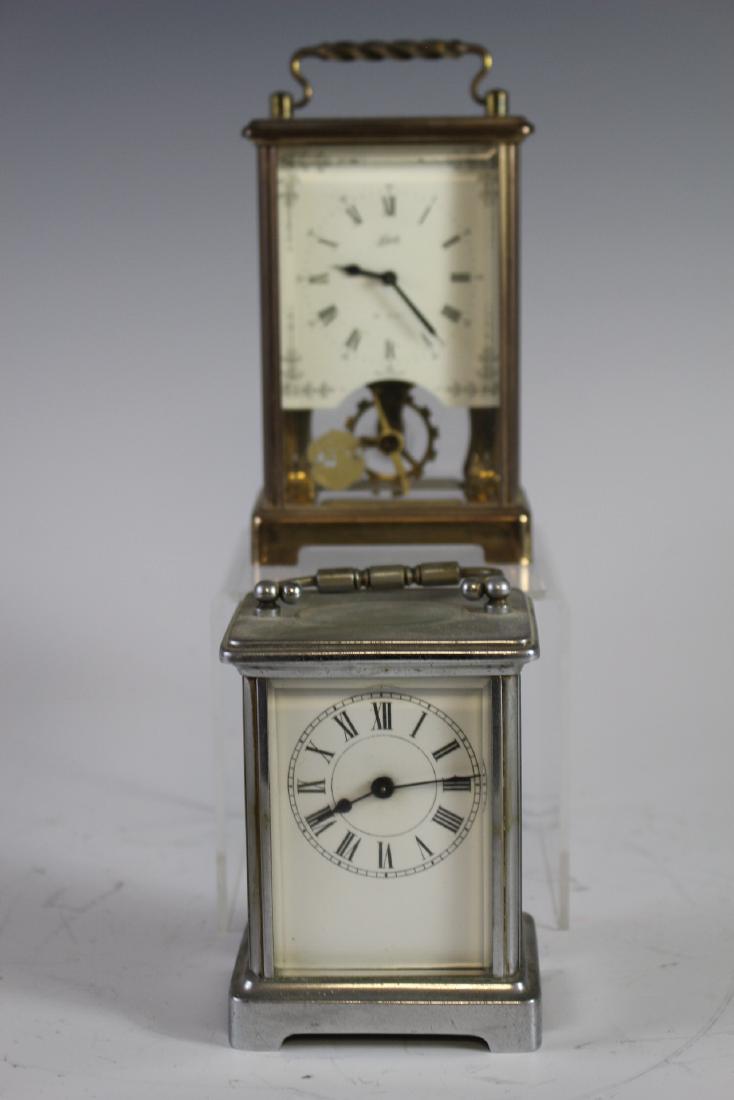 Two Carriage Clocks Germany & French: One 8-day German Schatz & Stone and one smaller French style carriage clock. Both currently working. Some loss and dust soil. See photos.