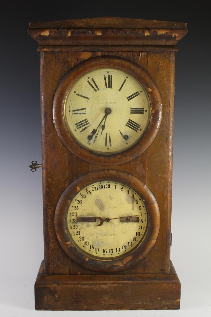 Seth Thomas #3 Calendar clock: A 19th century Seth Thomas Parlor #3 Double dial Calendar clock. 8-day time and strike movement with lower perpetual calendar mechanism. Rosewood case with pediment top and single door and a molded ba