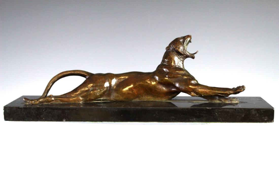 Gorham Founders Bronze Anna Vaughn Hyatt Huntington: Anna Vaughn Hyatt Huntington (1876-1973) "YAWNING TIGER" Bronze inscribed 'Anna V. Hyatt' (on left rear leg)--stamped '#291 GORHAM CO. FOUNDERS Q492' (on inside of right leg) bronze with dark brown pa