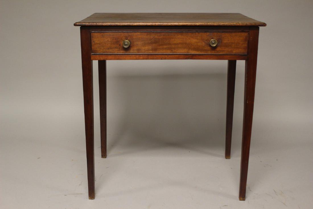 19th Century English One Drawer Stand: English, 19th century mahogany one drawer desk or stand. Fine tapered Hepplewhite legs. Normal use and wear as shown, original finish consistent with age. Measuring approx. 29.5" h x 28" w x 20" d.