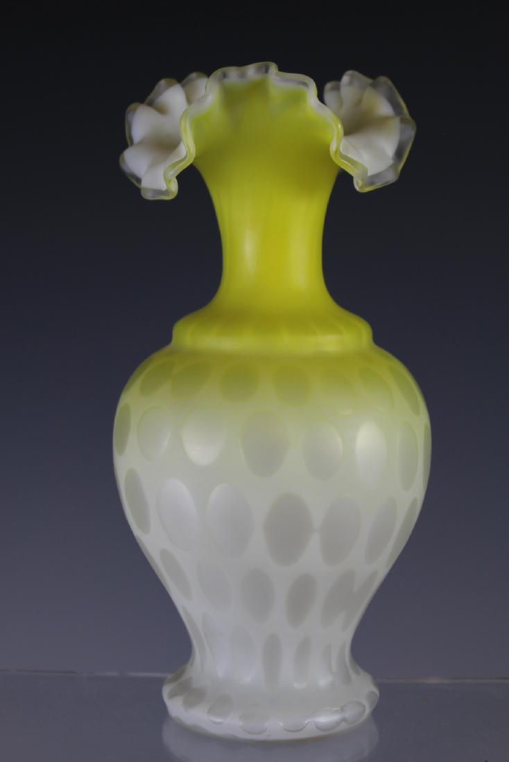 Thomas WEBB Satin Art Glass Vase: Thumbprint yellow to white satin glass vase with three fold ruffled top. Raw pontil. Condition is good. Standing approx. 9" tall. Provenance: From Cedar Fairmont Antiques. 40yr old Cleveland, OH antiq