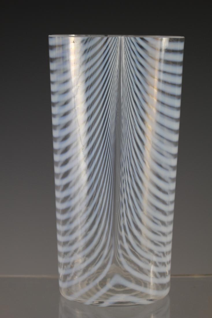 Bertil Vallien Opal Zebra Art Glass Vase: Bertil Vallien for Kosta Boda signed art glass vase and numbered "48475" on bottom. Measuring approx. 7 1/4 inches tall. Condition is good as shown. See photos. 20th century art glass.