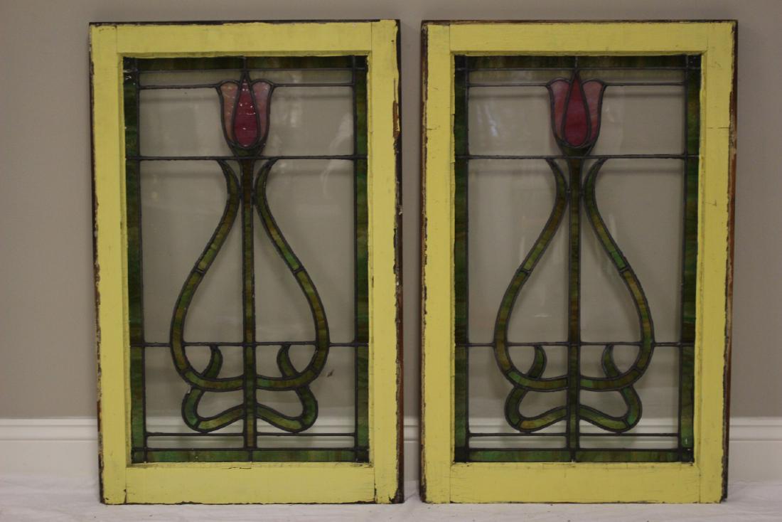 Arts and Crafts TULIP Stained Glass Windows: Wonderful pair of arts and crafts, Gustav Stickley style blooming pink tulips with green stained glass border. Leaded and stained. Measuring approx. 35" by 22" including Original frame.