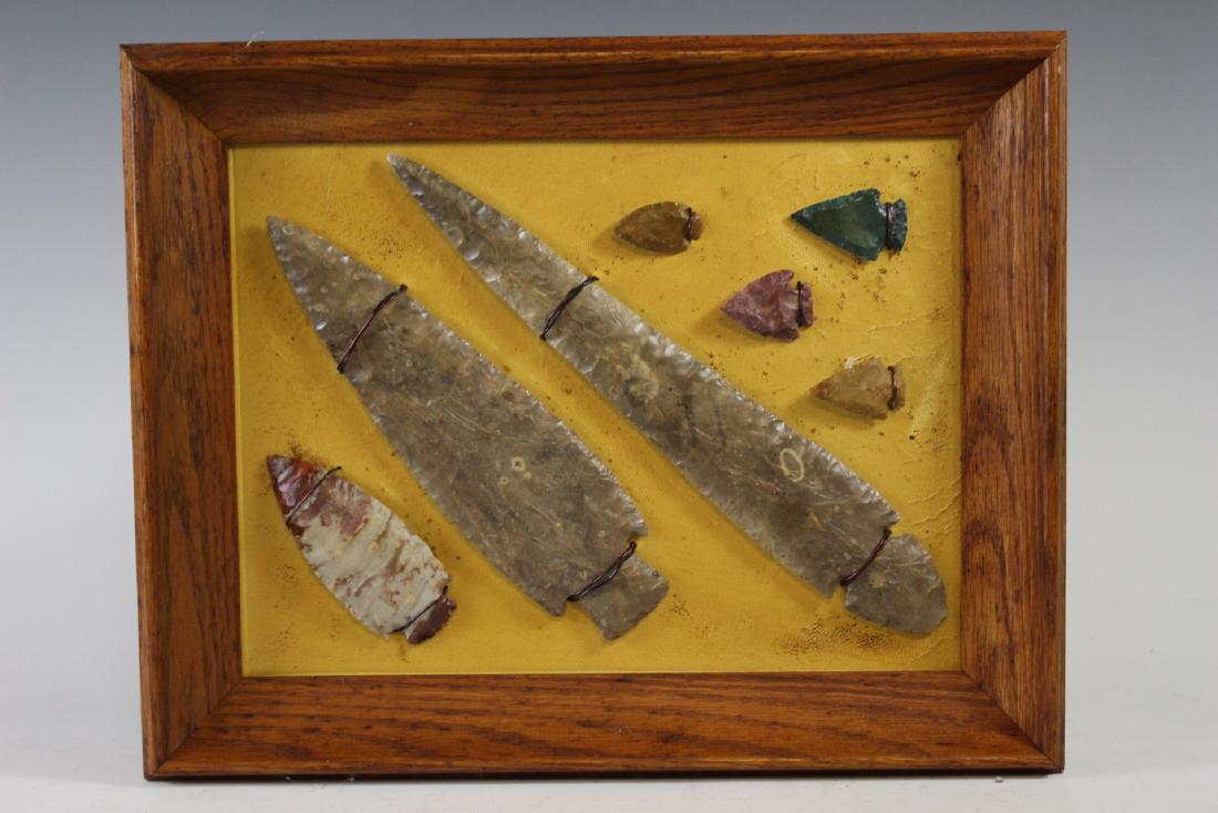 Native American Arrowheads Spears Points: Group of 5 unique arrowheads, points and spears. Fine examples as shown. Mounted and framed. Long spear point is approx. 11.25". Condition is good, see phots.
