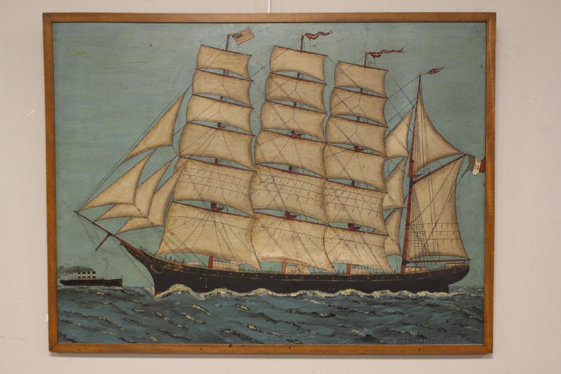FOLK ART Schooner Ship Painting VITO MANSUETO: VITO MANSUETO printed signature in lower right corner as shown. Painting on board of schooner with a stylized Folk Art influence, but appears to be early 20th century. Approx 36" wide x 28" tall. Very