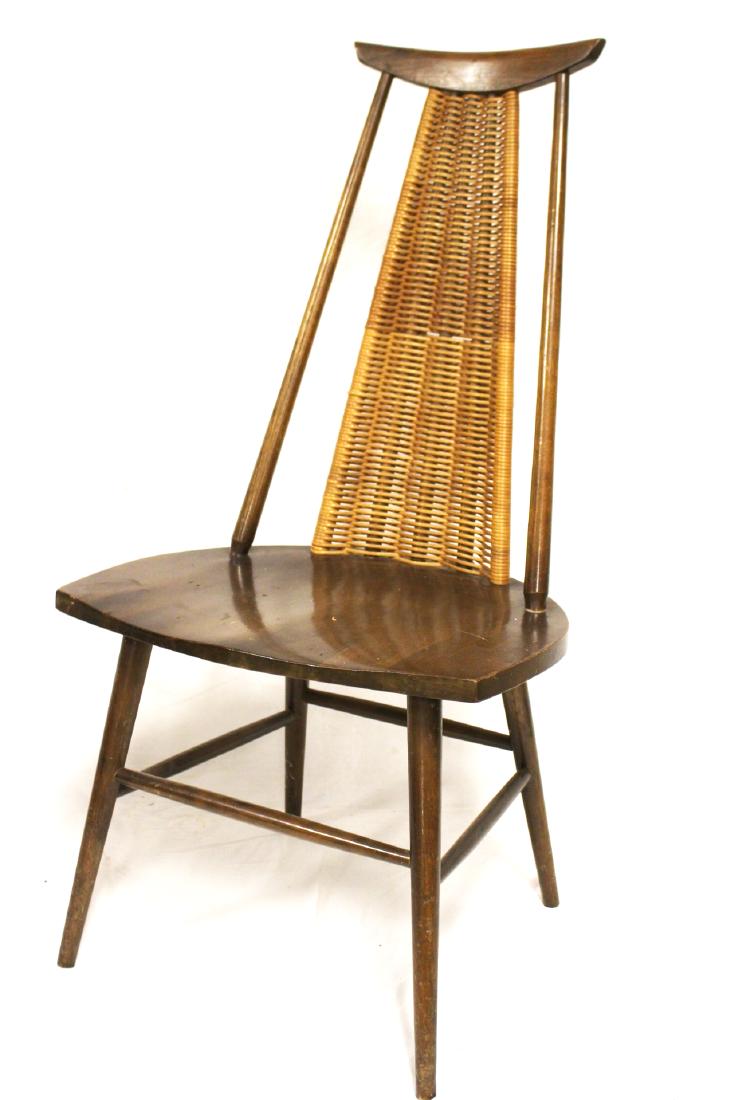 Mid Century Modern Tapiovaara Desk Chair: Ilmari Tapiovaara Mademoiselle desk chair with rattan woven back. Charles Eames mid 20th century modern era. Measuring approx. 41" h x 21.5" wide. Condition is good with signs of wear and scuffs from