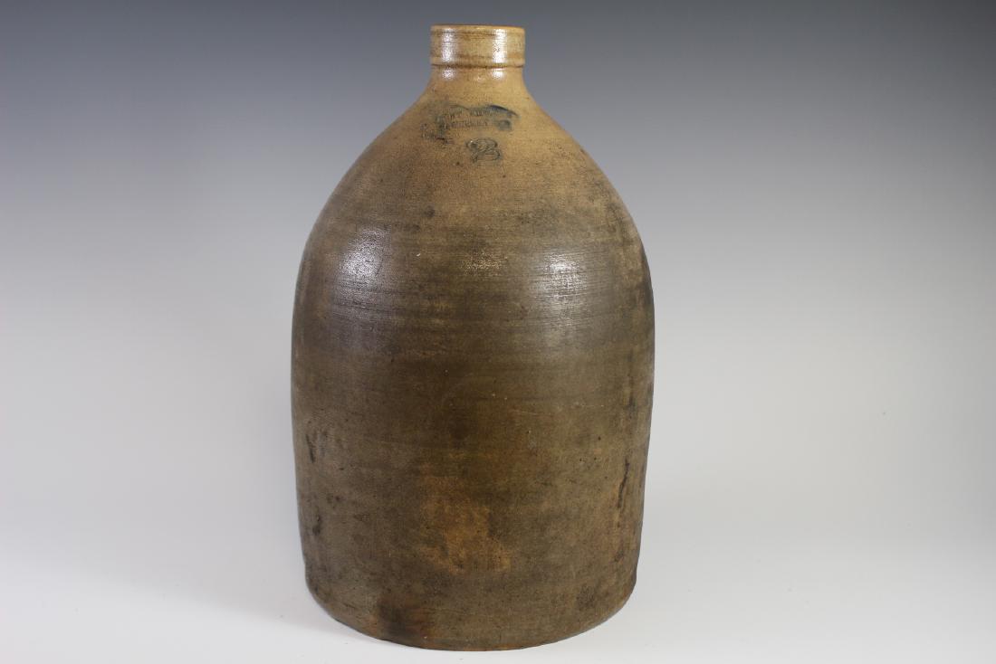 NEW YORK Stoneware Jug,2 Gallon Fort Edwards: NEW YORK Stoneware Jug,2 Gallon Fort Edwards Pottery Impressed co crock jug with turned line design and good colors as shown. SEE PHOTOS. Approx 14" tall. Age appropriate condition.