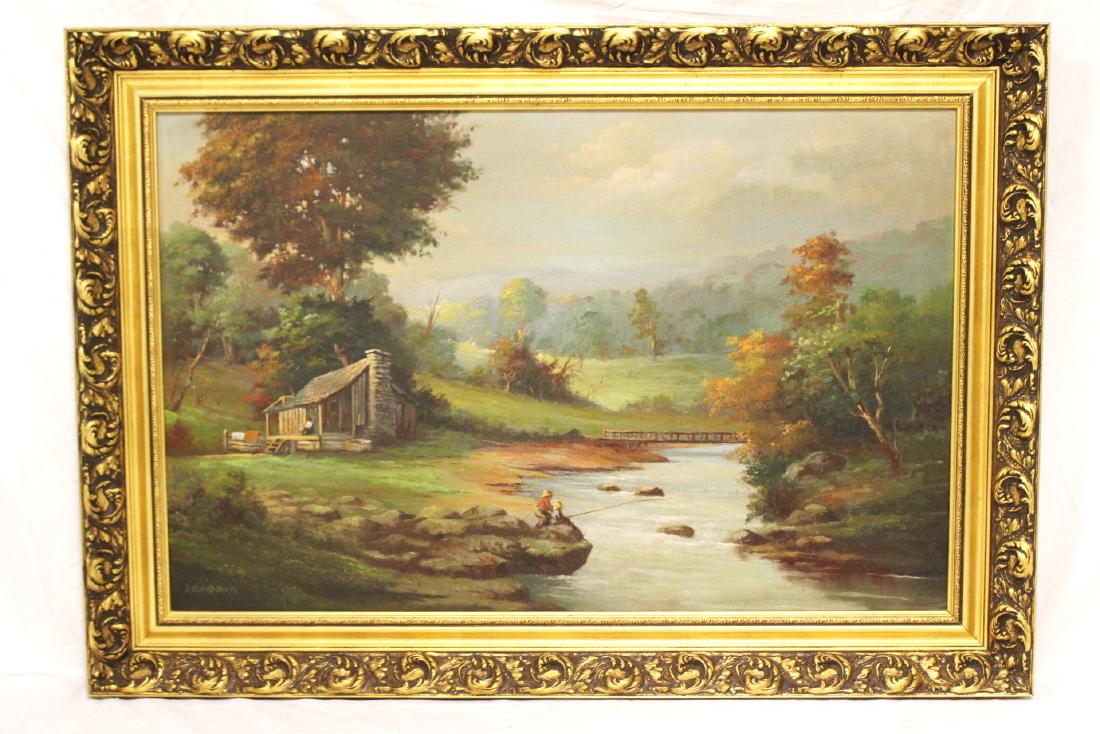 William A. Roberts Oil on Canvas: 20th Century oil painting on canvas depicting a river mountain landscape with children fishing. Circa 1920-30. Approx 31" w x 20"h image size. Condition is good.