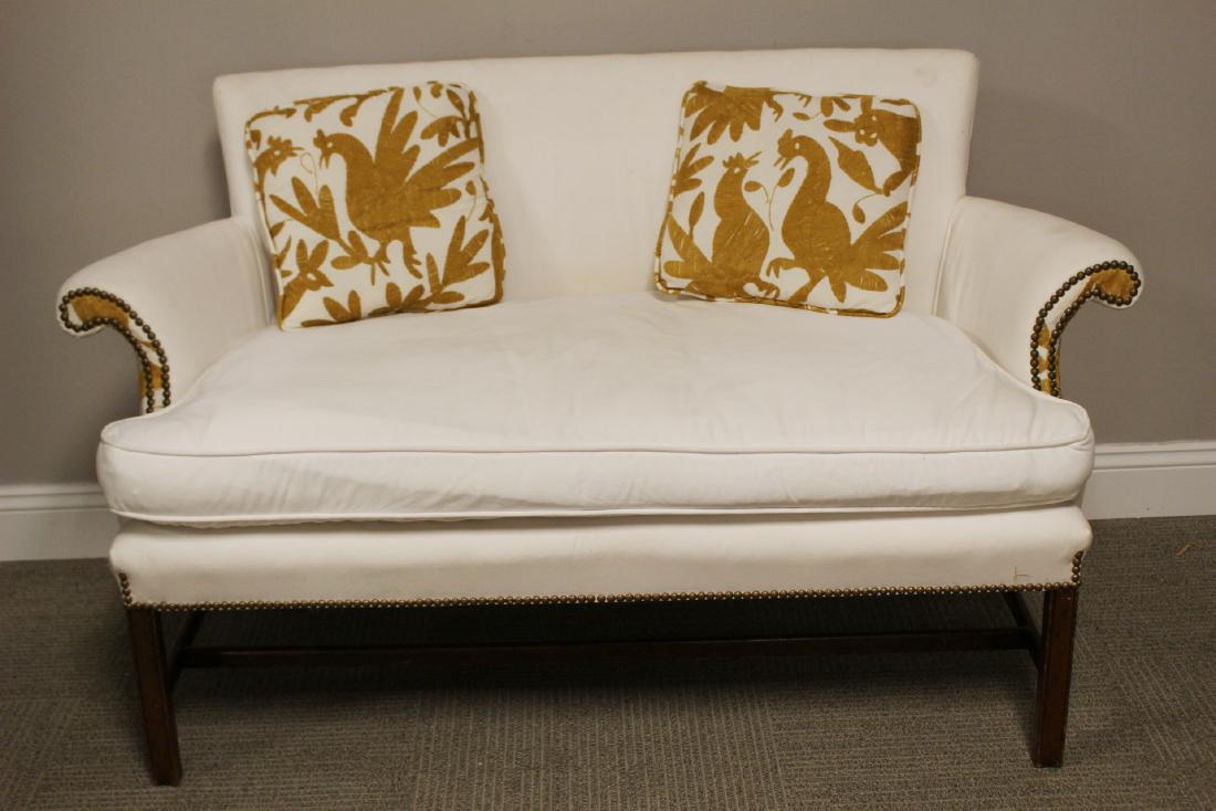 19th Century American Settee: Has been reupholstered with matching pillows. Measuring 32" H x 56" W x 28" D. overall condition is good with some light soil and dust. See photos.