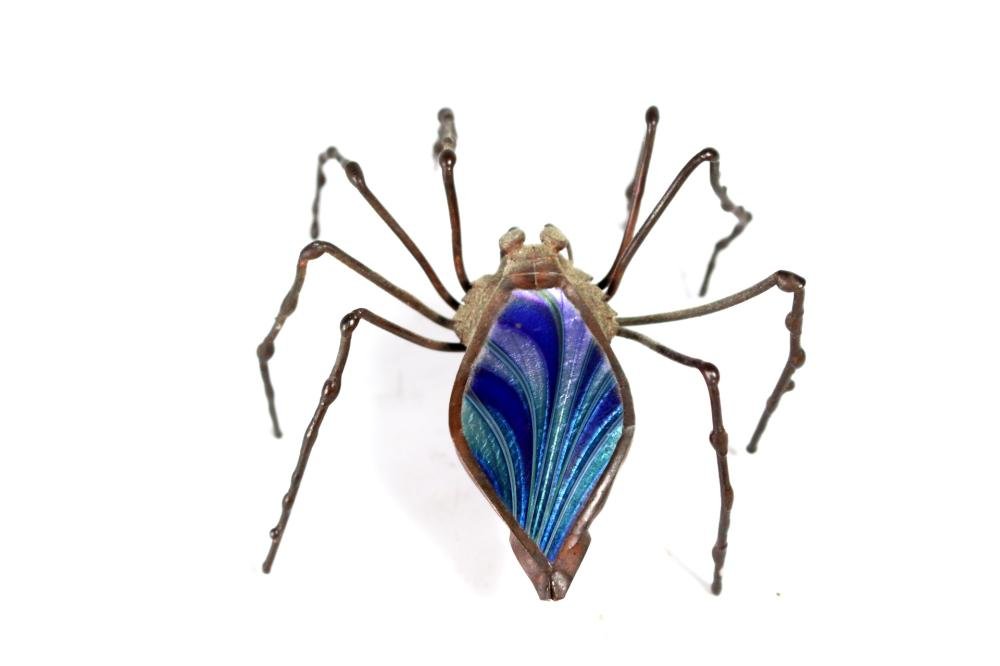RARE Orient & Flume Spider: Very unique and RARE orient and Flume bronzed wire spider with feathered iridescent glass back, standing on eight detailed legs. Signed, dated and numbered on belly area as shown. See photos. Measurin