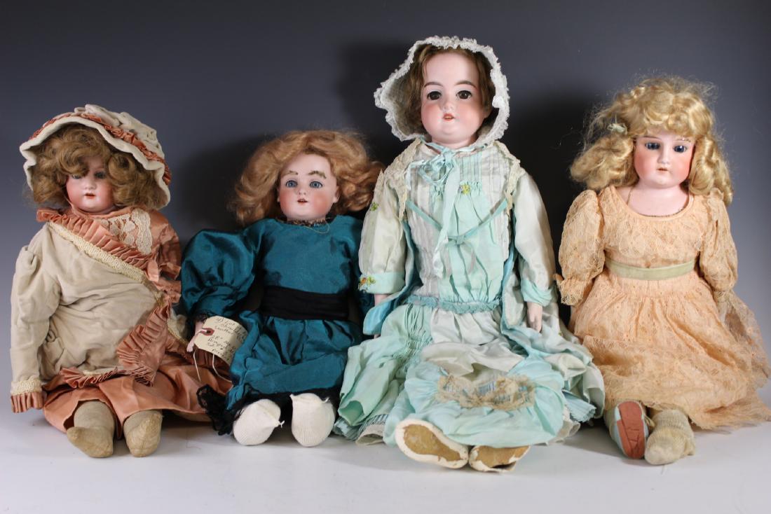 Four Antique German Bisque Shoulder Head Dolls 20"-28": Including 28" MKD "AM Beauty" by Armand Marseille, 22" Armand Marseille #370 with arms present but unattached, 20" Kestner #195 with fur eyebrows and 23" Armand Marseille "Mabel". All in age appropria
