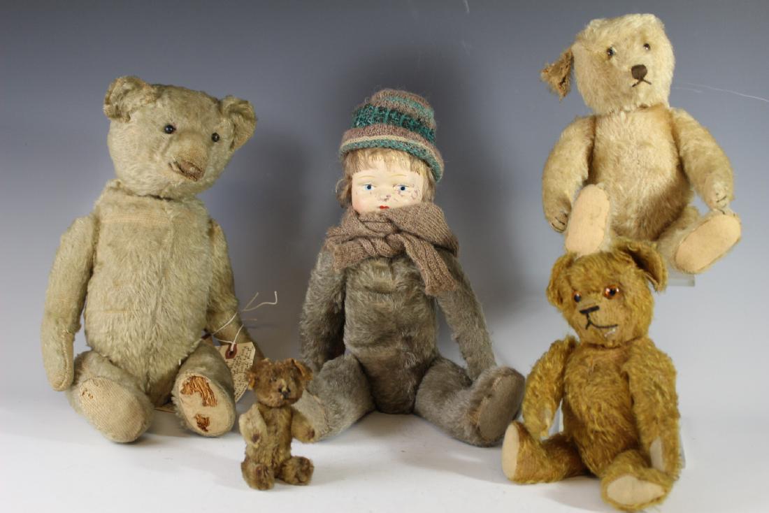 Antique Mohair, Steiff, Schuco And American Bears: Including 18" American white Mohair with shoe button eyes replaced, paw pads and straw stuffed ca. 1920s, 11" Steiff blonde Mohair with original paw pads, left ear missing, no ID and original glass ey